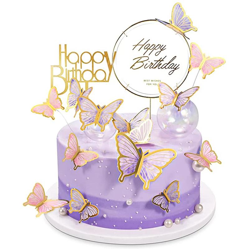 12Pcs Purple Pink Butterfly Cake Decoration Happy Birthday Cake Topper For Wedding Birthday Party Baby Shower Cake D